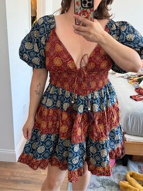 Anthropologie MAHILA Rust Blue. Mustard Floral Cotton Puff Sleeve Mini Dress S